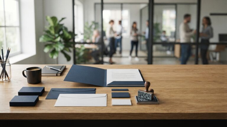 Papelería corporativa coordinada sobre una mesa de empresa