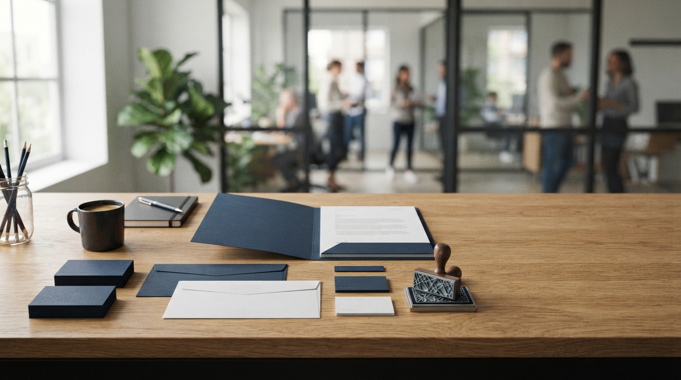 Papelería corporativa coordinada sobre una mesa de empresa